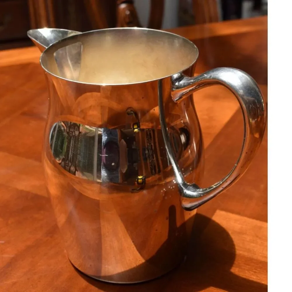 Sheridan Silverplate Water Pitcher Ice Guard Spout Footed Vintage MCM Barware